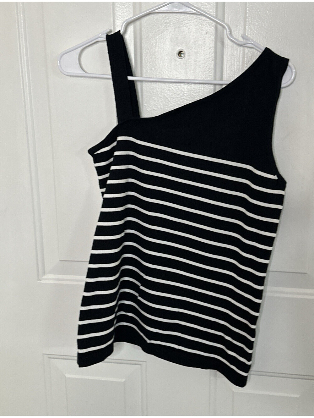 August Silk Black/White Striped One-Shoulder Stretch Knit Tank Top Women S